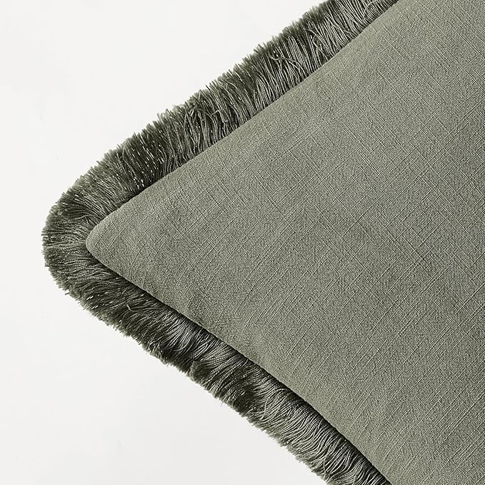 EMEMA Linen Fringe Throw Pillow Covers Set of 2 Boho Farmhouse Accent Decorative Pillowcase with Tassels for Couch Sofa Bed Living Room Home Decor 20x20 Inch,Light Olive Green