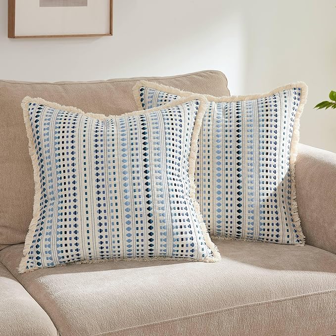 Decorative Pillow Covers Set of 2, Boho Farmhouse Couch Throw Pillows with Tassels, Textured Small Dot Pattern Cushion Cases for Sofa Living Room Home Decor (Blue, 18" x 18" (Pack of 2))