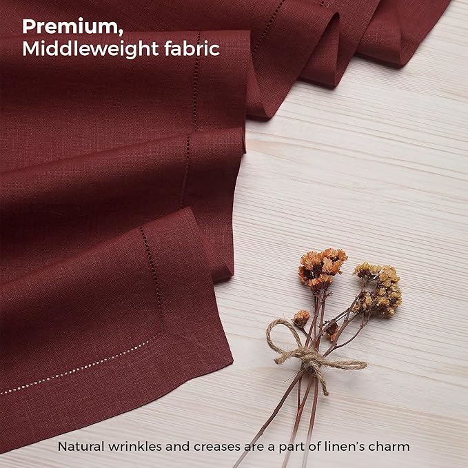 D'Moksha Homes Linen Dark Red Table Runner 84 Inches Long - 100% Pure Linen Table Runner 14 x 84 Inch for Fall, Autumn and Halloween - Classic Hemstitch