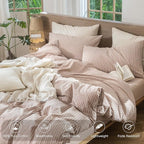 MooMee Striped Duvet Cover Set 100% Washed Cotton Linen Like Textured Breathable Durable Soft Comfy (Orange White Wide Stripes, Full 80"x90")