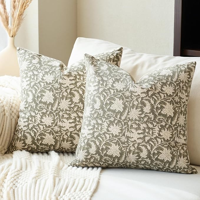 Floral Throw Pillow Covers 18x18 Farmhouse Block Print Pillow Covers Decorative Pillow Covers Couch Pillows for Living Room Vintage Accent Sofa Pillows Set of 2, Olive Green