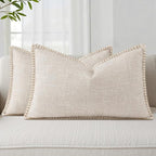decorUhome Decorative Outdoor Throw Pillow Covers 12x20 Set of 2, Lumbar Linen Rustic Neutral Farmhouse Euro Pillow Covers with Stitched Edge for Couch, Sofa, Living Room, Beige