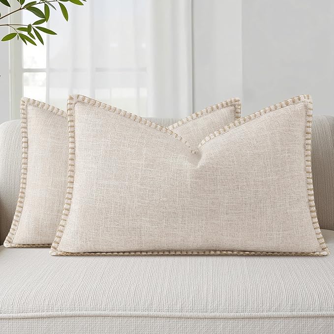 decorUhome Decorative Outdoor Throw Pillow Covers 12x20 Set of 2, Lumbar Linen Rustic Neutral Farmhouse Euro Pillow Covers with Stitched Edge for Couch, Sofa, Living Room, Beige