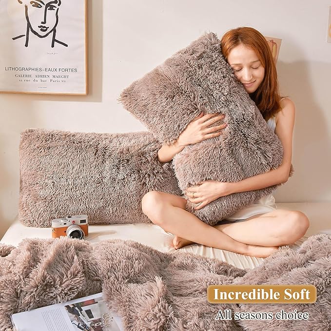 XeGe Soft Faux Fur Throw Pillow Covers, Luxury Fluffy Cushion Covers, Shaggy Plush Furry Pillow Cases, Fuzzy Decorative Pillow Covers Pack of 2 for Sofa Bed Couch Bedroom (18''x18'', Khaki)