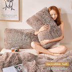 XeGe Faux Fur Throw Pillow Cases, Plush Shaggy Ultra Soft Pillow Covers, Fluffy Crystal Velvet Decorative Pillowcases, Furry Fuzzy Pillow Shams Zipper Closure, Set of 2 (Standard, Khaki)