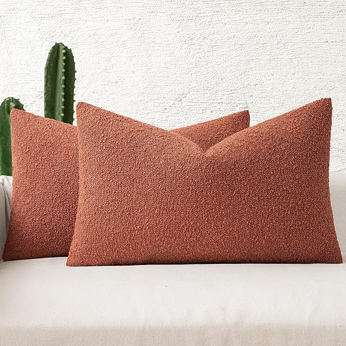MIULEE 12x20 Inch Decorative Lumbar Throw Pillows for Bed Set of 2 Textured Boucle Neutral Winter Throw Pillow Covers Burnt Orange Accent Solid Pillowcases Sofa Livingroom Home Decor