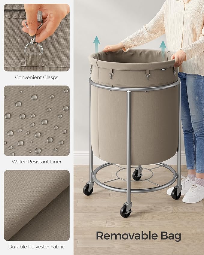 SONGMICS 50.2-Gallon (190 L) Laundry Basket with Wheels, Rolling Round Heavy-Duty Laundry Hamper Cart with Steel Frame and Removable Bag, 2 Locking Wheels, Camel Brown and Metallic Silver URLS001N01