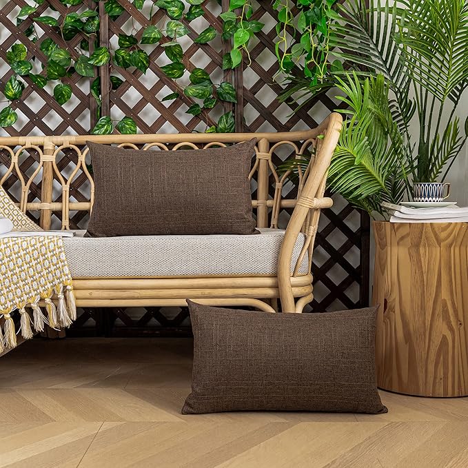 Kevin Textile Pack of 2 Outdoor Waterproof Throw Pillow Covers Decorative Square Outdoor Checkered Pillows Cushion Case Patio Pillows for Couch 12x20 inches 30x50 cm Brown