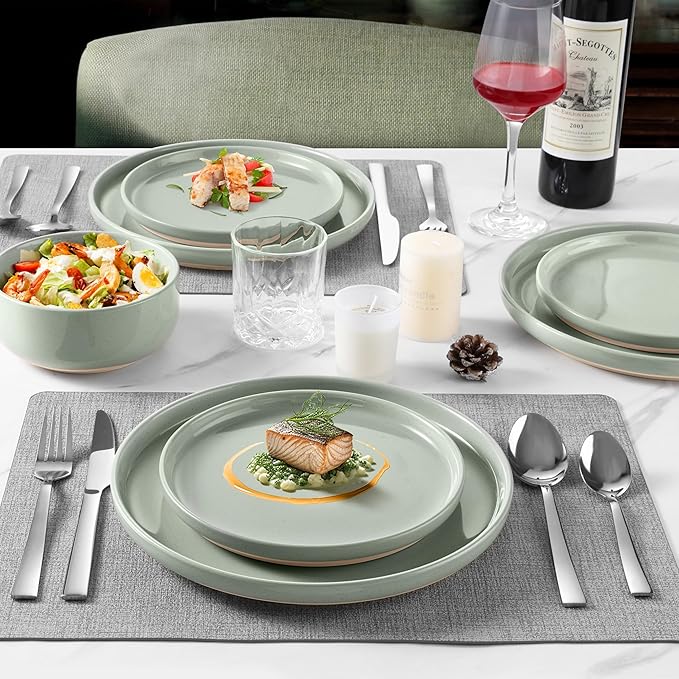 LIANYU Plates and Bowls Sets, 18 Piece Modern Speckled Dinnerware Set, China Dinnerware Dishes, Service for 6, Scratch Resistant & Dishwasher Safe, Fog Green