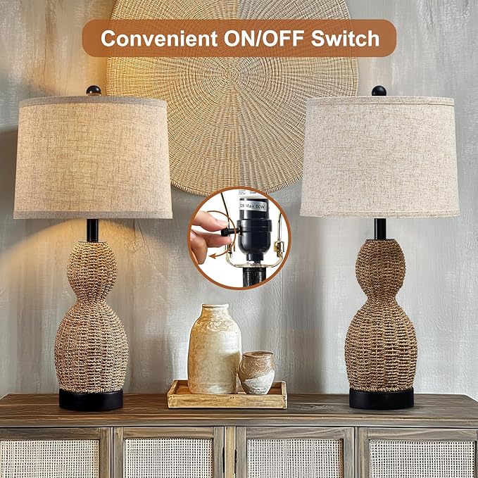 26.5" Rattan Table Lamp Boho Table Lamps Set of 2 for Living Room, Bedside Lamps for Nightstand, Rattan Lamp for Bedroom, Farmhouse Table Lamps for Boho Decor, End Table