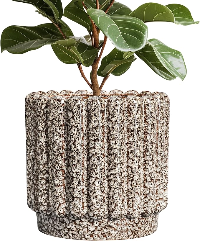 Ceramic Pots for Plants - 12 Inch Planter for Indoor Plants, Round Flower Pots with Drainage Hole, Large Ceramic Planter Outdoor, Porch Decor, Housewarming Gifts, Leopard Print White