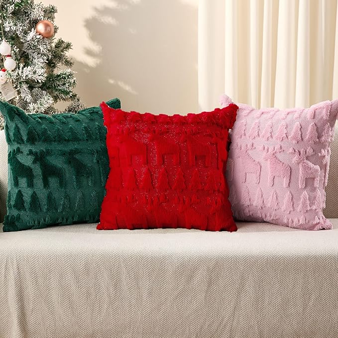 DFXSZ Christmas Pillow Covers 20x20 inch Set of 2 Red Christmas Tree Elk Decoration Soft Plush Faux Fur Jacquard Throw Pillows for Bedroom Sofa Holiday Festivals Winter Home Decor PTK069B20