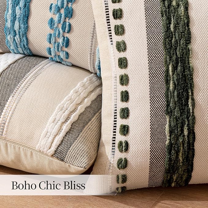 ANRODUO Pack of 2 Boho Decorative Throw Pillow Covers 18x18 Farmhouse Cushion Case Striped Chenille Pillow Cases Square Pillow Covers Accent Neutral Pillowcase for Sofa Couch Bed, Sky Blue Stripe 3