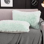 WERDIM Shaggy Fluffy Faux Fur Pillowcases 2 Pack Button Closure Velvet Pillow Shams King Size (Aqua, 20 X 36 Inches)