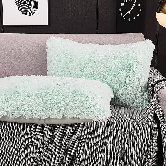 WERDIM Shaggy Faux Fur Pillowcases 2 Pack Button Closure Velvet Pillow Shams Standard/Queen Size (Aqua, 20 X 26 Inches)