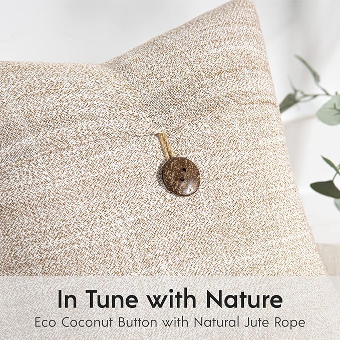 Phantoscope Pack of 2 Farmhouse Throw Pillow Covers Premium Coconut Button Vintage Linen Solid Decorative Pillow Cover for Couch Bed and Chair Beige 12 x 20 inches 30 x 50 cm