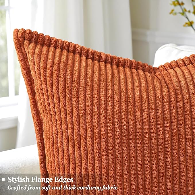 decorUhome Fall Corduroy Rust Throw Pillow Covers 20x20 Set of 2 Decorative Soft Boho Farmhouse Euro Couch Pillow Covers for Living Room Bed Sofa Broadside Striped Pillow Cases