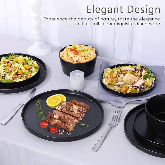 Herogo 18 Pieces Stoneware Dinnerware Sets for 6, Dinner Plates and Bowls Set, Reactive Glaze Dishes for Kitchen, Chip Resistant, Microwave & Dishwasher Safe, Matte Black