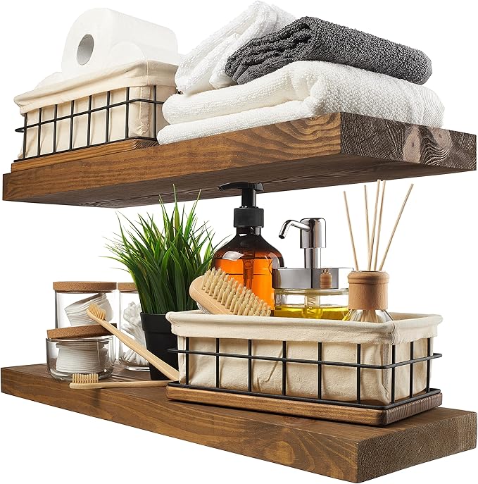 BAOBAB WORKSHOP Wood Floating Shelves Set of 2 - Rustic Shelf 24 inch - Floating Shelf for Wall Mounted - Wide Wooden Wall Shelves for Living Room Bedroom Kitchen Bathroom - Dark Walnut - 24W x 6.7D
