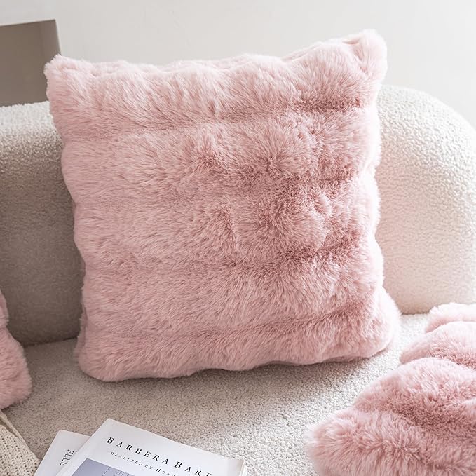 Neelvin Pink Faux Fur Cozy Soft Double-Sided Decorative Throw Pillow Covers 22x22 inch Set of 2,Velvet Pillowcase Cushion Case for Sofa Couch