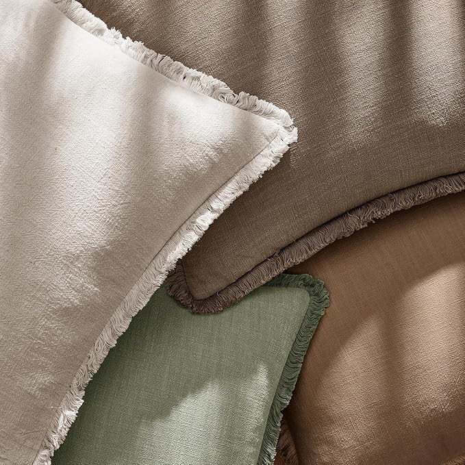 EMEMA Linen Fringe Throw Pillow Covers Set of 2 Boho Farmhouse Accent Decorative Pillowcase with Tassels for Couch Sofa Bed Living Room Home Decor 26x26 Inch,Natural Beige