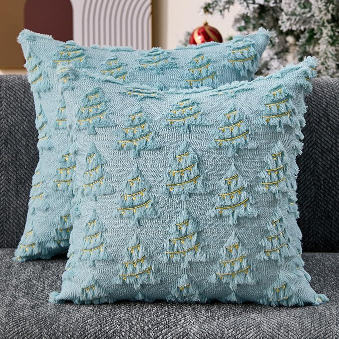Christmas Pillow Covers 18x18 inch Set of 2 Soft Plush Faux Fur Christmas Decor Blue Xmax Tree Yellow Colored Lights Decoration Throw Pillow Case for Winter Holiday Sofa Living Room PT003F18
