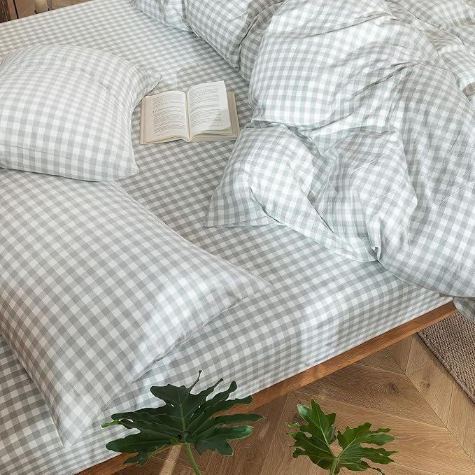 MooMee Gingham Duvet Cover Set 100% Washed Cotton Linen Like Textured Breathable Durable Soft Comfy Modern Checkered Design (Northern Droplet Grey Gingham, Oversized Queen 98"x98")