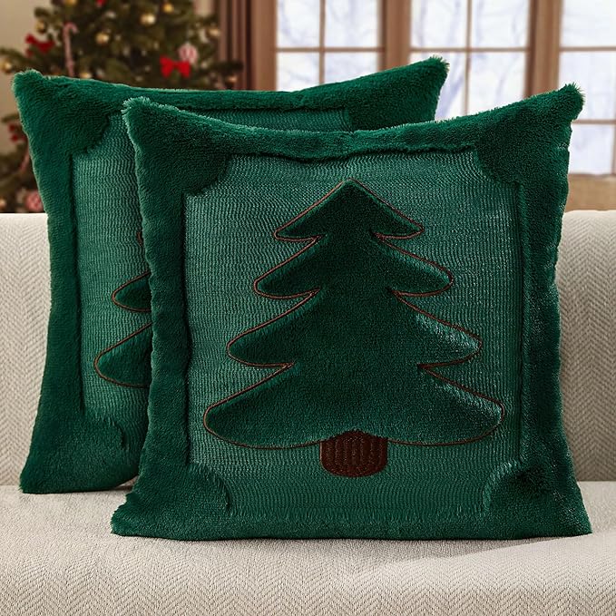 DFXSZ Christmas Pillow Covers 20x20 Green Big Christmas Tree Decoration Soft Plush Faux Fur Jacquard Throw Pillows for Bedroom Sofa Holiday Festivals Winter Home Decor PTK068A20