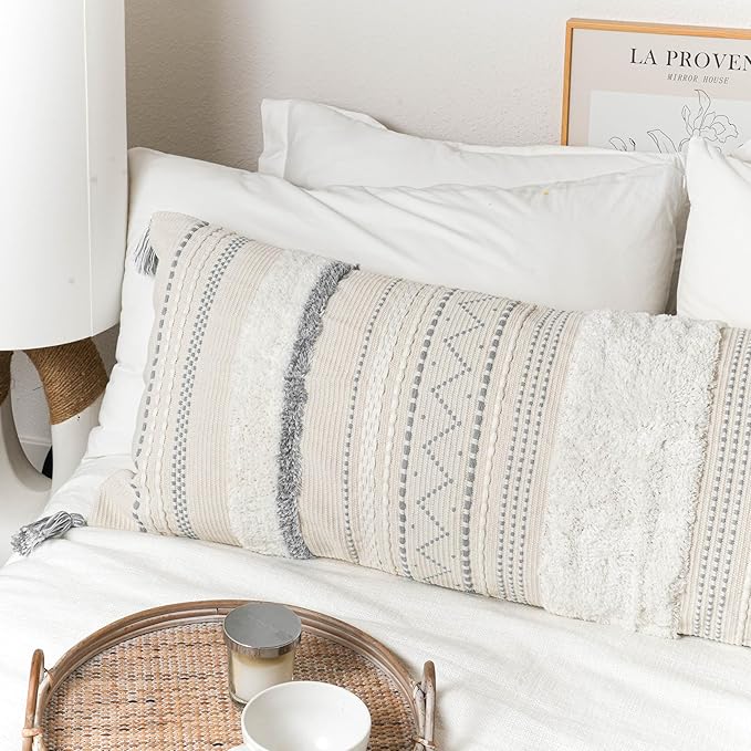 BlissBlush Large Body Pillow Cover for Bed 20x54 Gray Boho Accent Oversized Long Pillowcase for Bedroom Neutral White Decorative Cushion Farmhouse Home Décor (Cover ONLY, Pack of 1)
