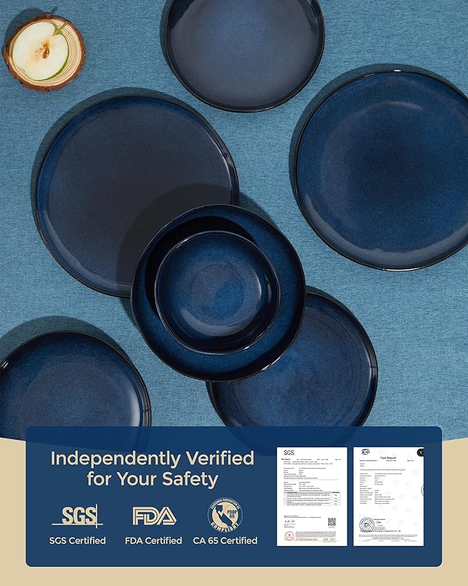 32 Piece Starry Blue Dinnerware Set with Pasta Bowls, Coastal Reactive Glaze Stoneware for 8 | Complete Serving Set for Holiday Meals, Multi‑Dish Hosting & Family Celebrations