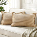 decorUhome Corduroy Light Brown Throw Pillow Covers 12x20 Set of 2 Decorative Soft Boho Farmhouse Lumbar Euro Couch Pillow Covers for Living Room Bed Sofa Broadside Striped Pillow Cases
