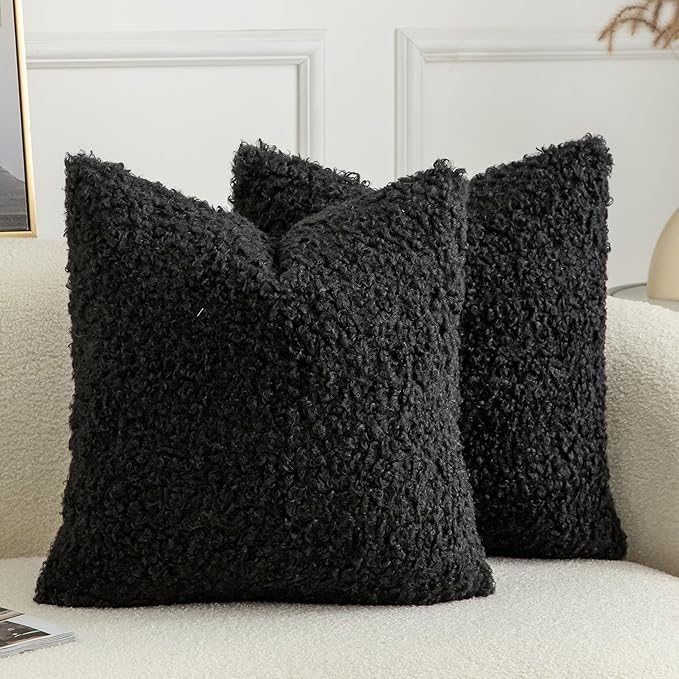 Pack of 2 Curly Teddy Wool Faux Fur Throw Pillow Covers Fuzzy Accent Soft Sherpa Pillowcases Sheepskin Fleece Decorative Cushion Case for Sofa Couch Living Room 18x18 Inch Black