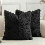 Pack of 2 Curly Teddy Wool Faux Fur Throw Pillow Covers Fuzzy Accent Soft Sherpa Pillowcases Sheepskin Fleece Decorative Cushion Case for Sofa Couch Living Room 18x18 Inch Black