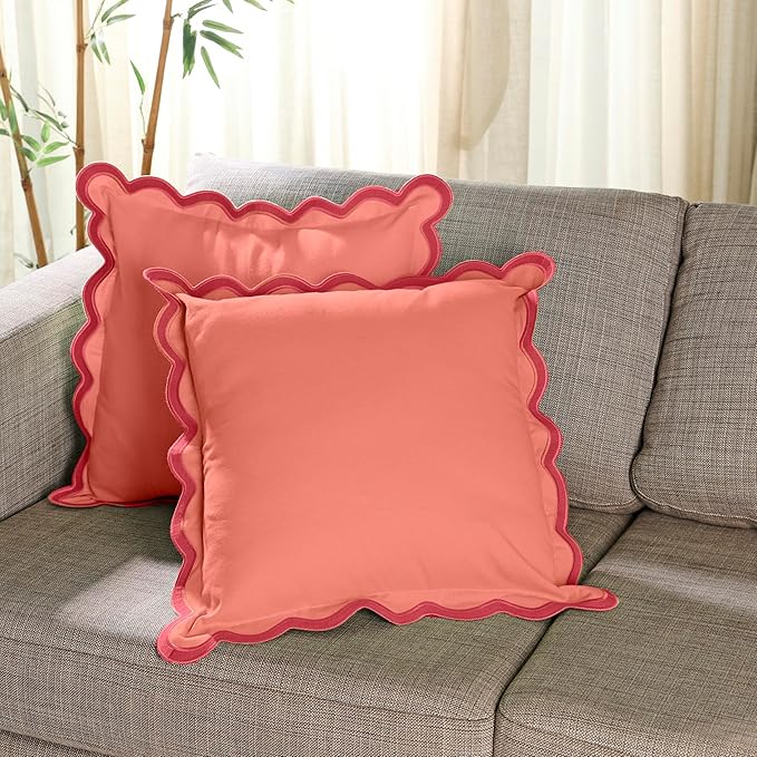 Folkulture Christmas Throw Pillows | Set of 2 (20 x 20) Boho Couch Pillows for Living Room | Scalloped Red Decorative Pillows Xmas Decor for Home
