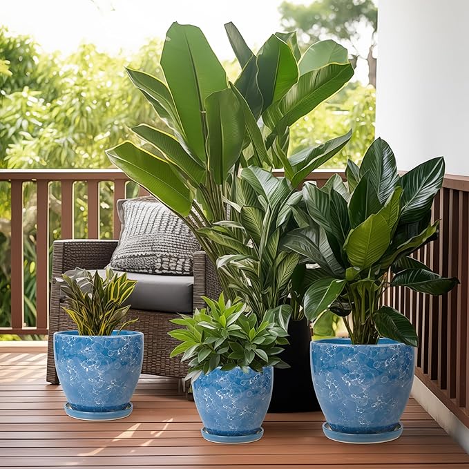 Ceramic Pots for Plants - 6 Inch Planter with Drainage Hole and Plant Tray, Decorative Succulent Pot, Round Flower Planter for Indoor, Garden Living Room Decor, Gifts for Plant Lovers, Blue
