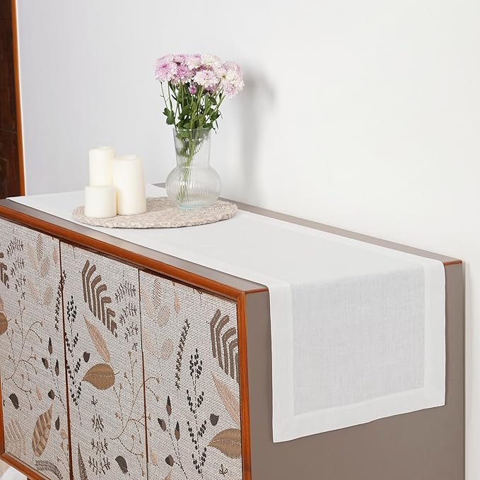 D'Moksha Homes Linen White Table Runner 132 Inches Long - 100% Pure Linen Extra Long Table Runner 14 x 132 Inch for Fall, Autumn and Halloween - Machine Washable