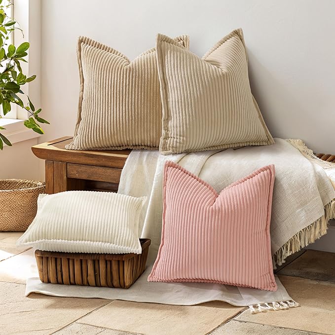 decorUhome Corduroy Pink Throw Pillow Covers 16x16 Set of 2 Decorative Soft Boho Farmhouse Euro Couch Pillow Covers for Living Room Bed Sofa Broadside Striped Pillow Cases