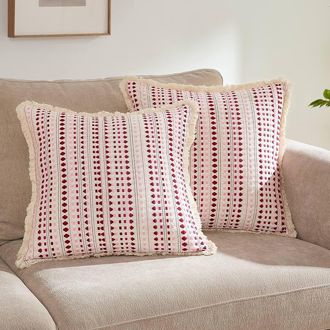 Decorative Pillow Covers Set of 2, Boho Farmhouse Couch Throw Pillows with Tassels, Textured Small Dot Pattern Cushion Cases for Sofa Living Room Home Decor (Red, 18" x 18" (Pack of 2))