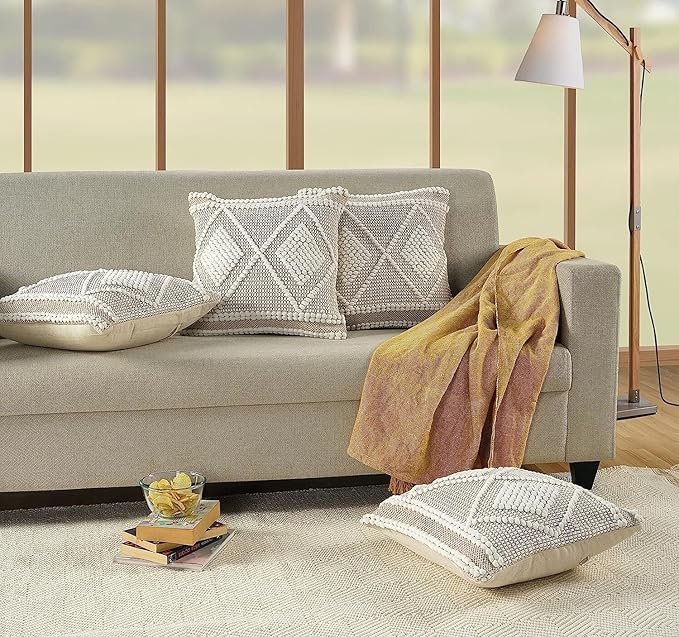 GRUHUM Throw Pillow Covers 18 x18 -Set of 2 Boho Pillow Cases Rustic Vintage Decorative Handwoven Sofa Couch Cover- Bedroom Farmhouse Living Room Bed Car Decor Modern Linen White Square 18X18 Inches