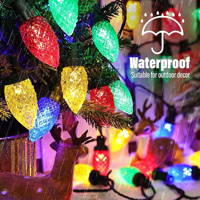 iBaycon Solar C9 Christmas Lights Outdoor, 65FT 100LED C9 Strawberry String Light, 8 Modes Solar Powered Lights String for Xmas Tree House Eaves Roof Christmas Holiday Decorations