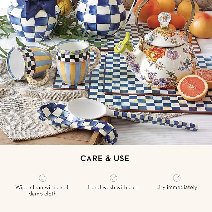 MACKENZIE-CHILDS Enamel Spoon Rest, Kitchen Spoon Holder and Utensil Rest for Stovetop, Blue-and-White Royal Check