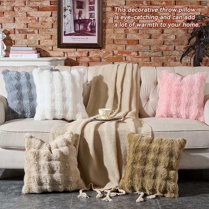 AmHoo Pack of 2 Throw Pillow Covers 3D Dense Faux Rabbit Fur Cozy Super Soft Fuzzy Set Case Cushion for Couch Sofa Bedroom 18 x 18-Inch Iced Coffee