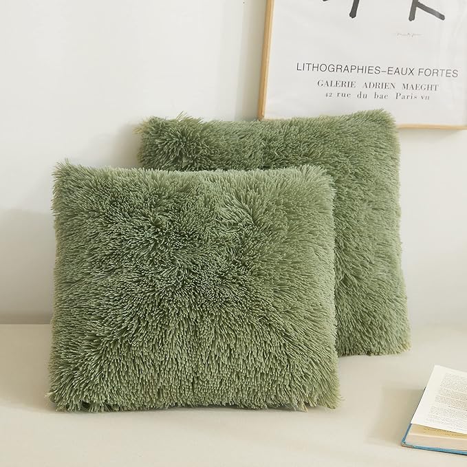 XeGe Faux Fur Throw Pillow Covers, Luxury Fluffy Plush Pillow Shams, Shaggy Decorative Pillow Cushion Cover for Sofa Bed Couch with Zipper Closure, Pack of 2 (18''x18'', Sage Green)