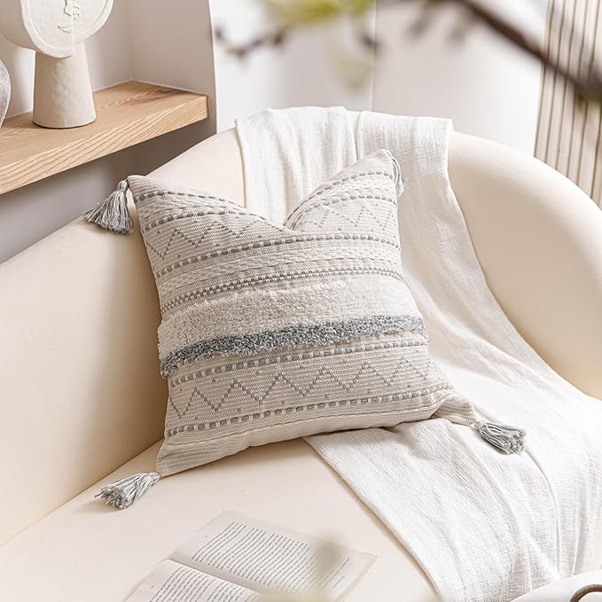 BlissBlush Gray Decorative Throw Pillow Cover 20x20 Square Boho Neutral White Accent Pillowcase Tassels Farmhouse Cushion for Couch Sofa Bedroom Living Room Home Décor (Cover ONLY, Pack of 1)