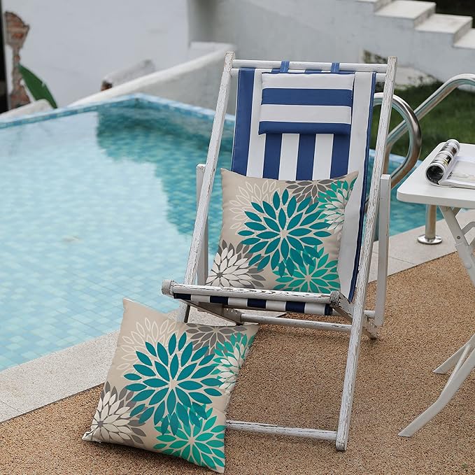 DFXSZ Dark Blue Green Outdoor Pillow Covers 18X18 Inch Set of 2 Spring Teal Flower Pillow Case Outdoor Waterproof Decor for Patio Funiture Garden Polyester Pillow Covers 002D18