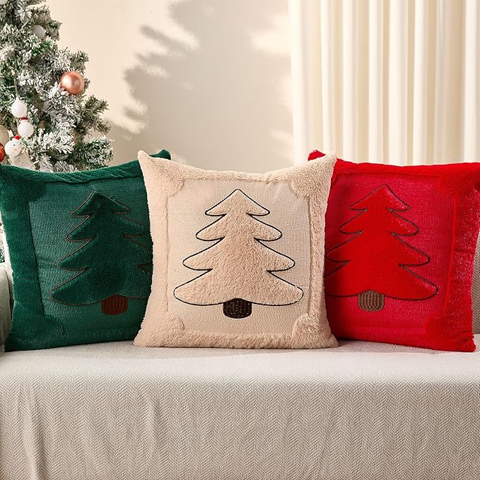 DFXSZ Christmas Pillow Covers 18x18 Green Big Christmas Tree Decoration Soft Plush Faux Fur Jacquard Throw Pillows for Bedroom Sofa Holiday Festivals Winter Home Decor PTK068A18
