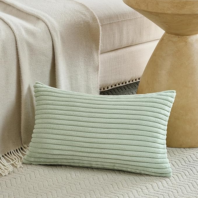 Fancy Homi Set of 2 Sage Green Boho Lumbar Decorative Throw Pillow Covers 12x24 Inch for Bedroom Couch Chair, Soft Cozy Corduroy Rectangle Cushion Case, Bohemian Home Decor, Men Women Teen Girls Gift