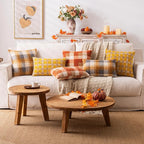 Orange Plaid Fall Throw Pillow Covers 20x20 Inch Set of 2, Boucle Decorative Pillow Covers,Cozy Fluffy Home Living Room Farmhouse Decor for Sofa Couch Bed