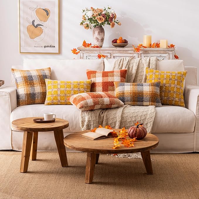 Orange Plaid Fall Throw Pillow Covers 18x18 Inch Set of 2, Boucle Decorative Pillow Covers,Cozy Fluffy Home Living Room Farmhouse Decor for Sofa Couch Bed