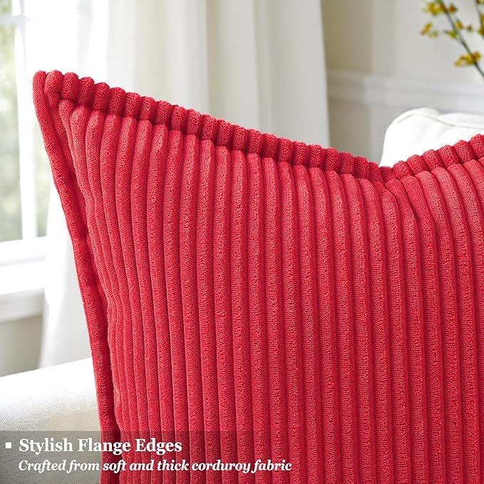 decorUhome Christmas Corduroy Red Throw Pillow Covers 12x20 Set of 2 Decorative Soft Boho Farmhouse Lumbar Euro Couch Pillow Covers for Living Room Bed Sofa Broadside Striped Pillow Cases